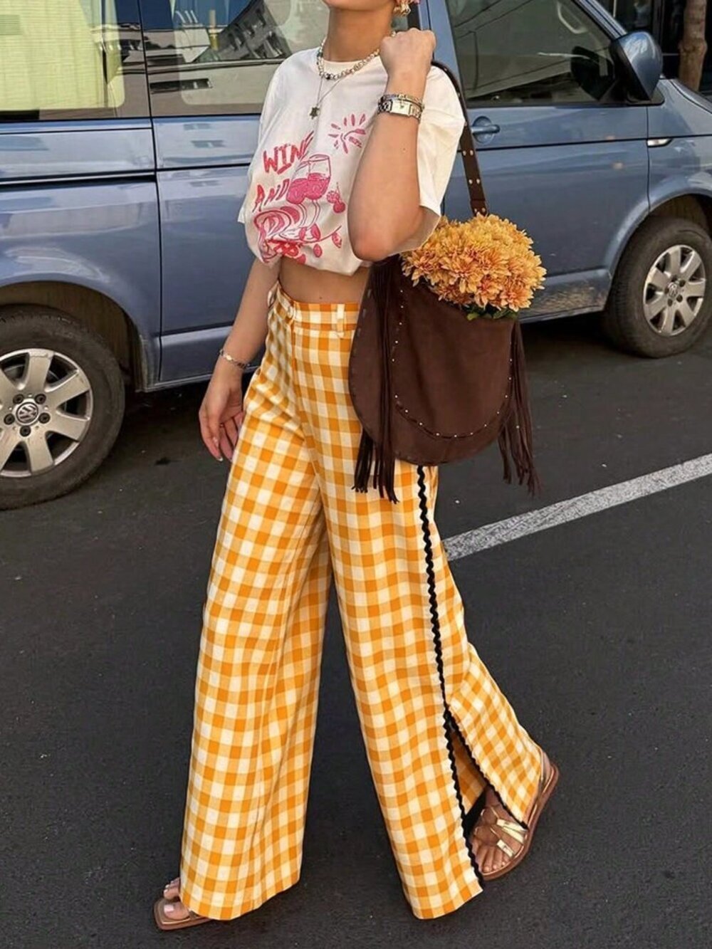 Yellow Casual Women's Plaid Wide-Leg Trousers with Zipper Pockets and Side Slits